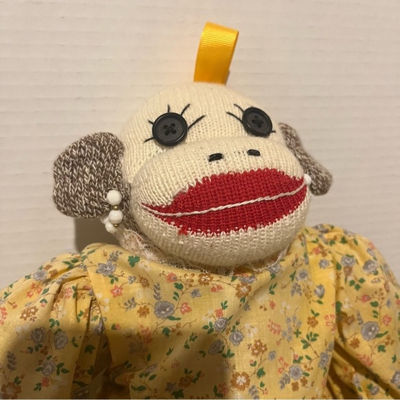 Vintage Handmade Female Girl Sock Monkey Doll With Yellow Dress And Earrings - Picture 2 of 8